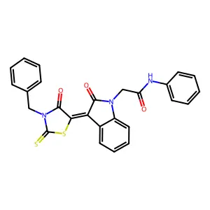 2-[(3Z)-3-(3-benzyl-4-oxo-2-sulfanylidene-1,3-thiazolidin-5-ylidene)-2-oxoindol-1-yl]-N-phenylacetamide structure