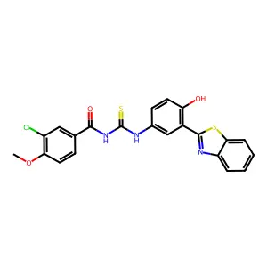 N-((3-(benzo[d]thiazol-2-yl)-4-hydroxyphenyl)carbamothioyl)-3-chloro-4-methoxybenzamide structure