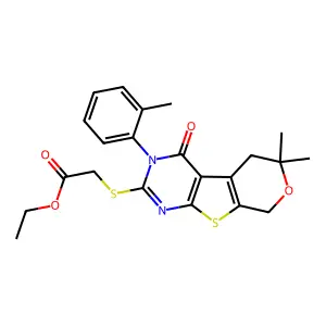 ethyl {[6,6-dimethyl-3-(2-methylphenyl)-4-oxo-3,5,6,8-tetrahydro-4H-pyrano[4',3':4,5]thieno[2,3-d]pyrimidin-2-yl]sulfanyl}acetate structure