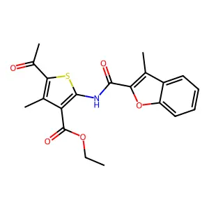 ethyl 5-acetyl-4-methyl-2-{[(3-methyl-1-benzofuran-2-yl)carbonyl]amino}thiophene-3-carboxylate structure