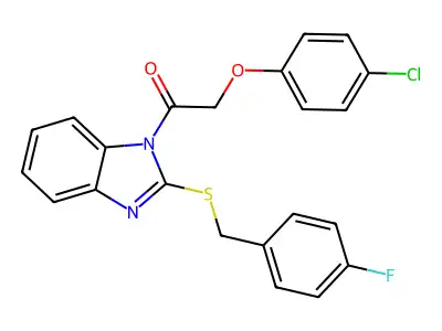 2-(4-chlorophenoxy)-1-[2-[(4-fluorophenyl)methylsulfanyl]benzimidazol-1-yl]ethanone structure