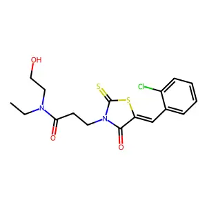 3-[(5E)-5-[(2-chlorophenyl)methylidene]-4-oxo-2-sulfanylidene-1,3-thiazolidin-3-yl]-N-ethyl-N-(2-hydroxyethyl)propanamide structure