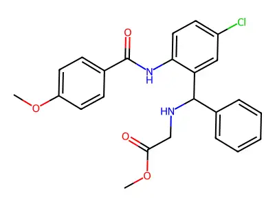 Methyl 2-(((5-chloro-2-(4-methoxybenzamido)phenyl)(phenyl)methyl)amino)acetate structure
