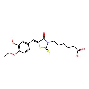 (Z)-6-(5-(4-ethoxy-3-methoxybenzylidene)-4-oxo-2-thioxothiazolidin-3-yl)hexanoic acid structure