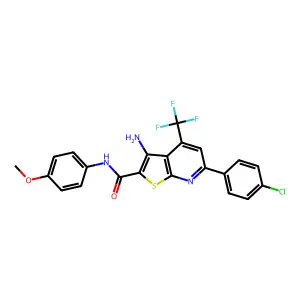 3-amino-6-(4-chlorophenyl)-N-(4-methoxyphenyl)-4-(trifluoromethyl)thieno[2,3-b]pyridine-2-carboxamide structure