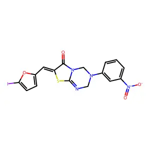 (7Z)-7-[(5-iodofuran-2-yl)methylidene]-3-(3-nitrophenyl)-2,4-dihydro-[1,3]thiazolo[3,2-a][1,3,5]triazin-6-one structure