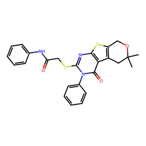 2-((6,6-dimethyl-4-oxo-3-phenyl-4,5,6,8-tetrahydro-3H-pyrano[4',3':4,5]thieno[2,3-d]pyrimidin-2-yl)thio)-N-phenylacetamide structure