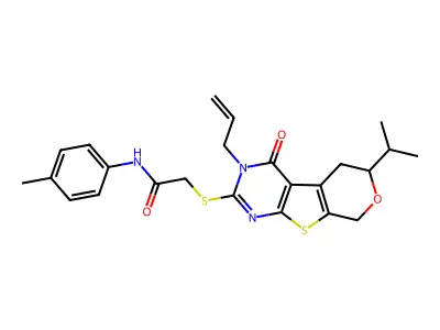 2-((3-allyl-6-isopropyl-4-oxo-4,5,6,8-tetrahydro-3H-pyrano[4',3':4,5]thieno[2,3-d]pyrimidin-2-yl)thio)-N-(p-tolyl)acetamide structure