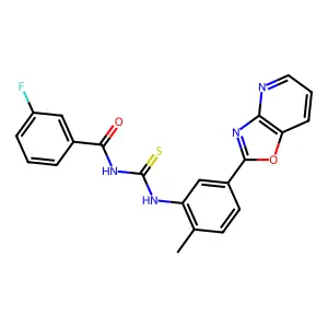 3-fluoro-N-[[2-methyl-5-([1,3]oxazolo[4,5-b]pyridin-2-yl)phenyl]carbamothioyl]benzamide structure