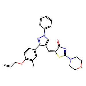 (5E)-5-[[3-(3-methyl-4-prop-2-enoxyphenyl)-1-phenylpyrazol-4-yl]methylidene]-2-morpholin-4-yl-1,3-thiazol-4-one structure
