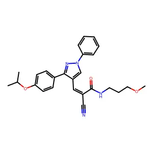 (2E)-2-cyano-N-(3-methoxypropyl)-3-{1-phenyl-3-[4-(propan-2-yloxy)phenyl]-1H-pyrazol-4-yl}prop-2-enamide structure
