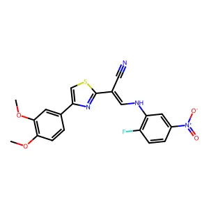 (E)-2-(4-(3,4-dimethoxyphenyl)thiazol-2-yl)-3-((2-fluoro-5-nitrophenyl)amino)acrylonitrile structure