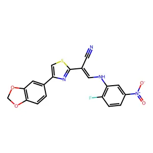 (E)-2-(4-(benzo[d][1,3]dioxol-5-yl)thiazol-2-yl)-3-((2-fluoro-5-nitrophenyl)amino)acrylonitrile structure