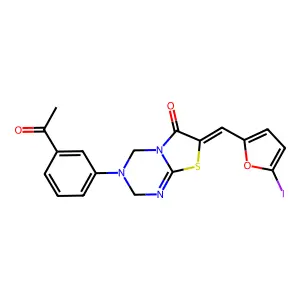 (7Z)-3-(3-acetylphenyl)-7-[(5-iodofuran-2-yl)methylidene]-2,4-dihydro-[1,3]thiazolo[3,2-a][1,3,5]triazin-6-one structure