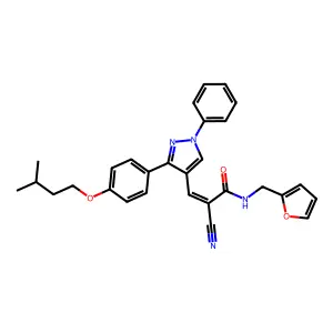 (E)-2-cyano-N-(furan-2-ylmethyl)-3-[3-[4-(3-methylbutoxy)phenyl]-1-phenylpyrazol-4-yl]prop-2-enamide structure