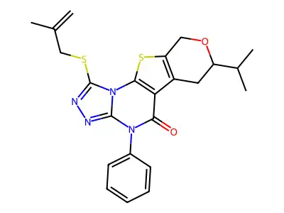 7-isopropyl-1-((2-methylallyl)thio)-4-phenyl-6,7-dihydro-4H-pyrano[4',3':4,5]thieno[3,2-e][1,2,4]triazolo[4,3-a]pyrimidin-5(9H)-one structure