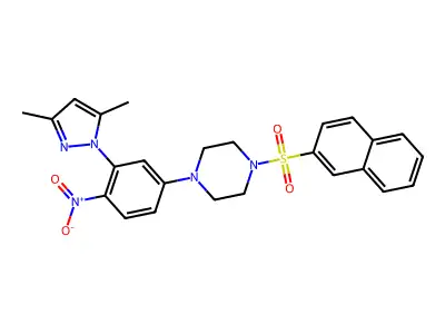 1-[3-(3,5-dimethyl-1H-pyrazol-1-yl)-4-nitrophenyl]-4-(2-naphthylsulfonyl)piperazine structure