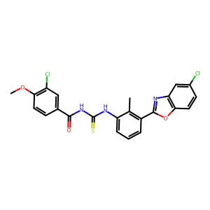 3-chloro-N-[[3-(5-chloro-1,3-benzoxazol-2-yl)-2-methylphenyl]carbamothioyl]-4-methoxybenzamide structure