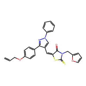 (5Z)-3-(furan-2-ylmethyl)-5-[[1-phenyl-3-(4-prop-2-enoxyphenyl)pyrazol-4-yl]methylidene]-2-sulfanylidene-1,3-thiazolidin-4-one structure