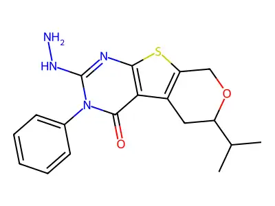 2-Hydrazinyl-3,5,6,8-tetrahydro-6-(1-methylethyl)-3-phenyl-4H-pyrano[4',3':4,5]thieno[2,3-d]pyrimidin-4-one structure