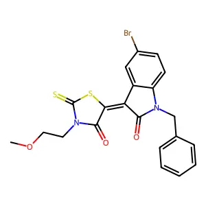 (3Z)-1-benzyl-5-bromo-3-[3-(2-methoxyethyl)-4-oxo-2-thioxo-1,3-thiazolidin-5-ylidene]-1,3-dihydro-2H-indol-2-one structure