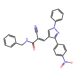 (E)-N-benzyl-2-cyano-3-[3-(4-nitrophenyl)-1-phenylpyrazol-4-yl]prop-2-enamide structure