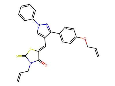 (5Z)-5-[[1-phenyl-3-(4-prop-2-enoxyphenyl)pyrazol-4-yl]methylidene]-3-prop-2-enyl-2-sulfanylidene-1,3-thiazolidin-4-one structure