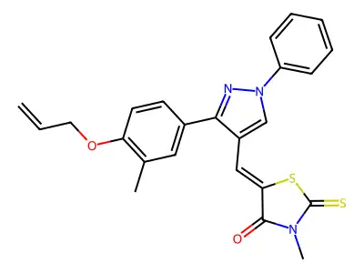 (5Z)-3-methyl-5-[[3-(3-methyl-4-prop-2-enoxyphenyl)-1-phenylpyrazol-4-yl]methylidene]-2-sulfanylidene-1,3-thiazolidin-4-one structure