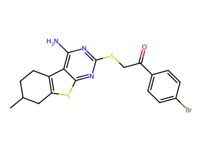 2-[(4-amino-7-methyl-5,6,7,8-tetrahydro-[1]benzothiolo[2,3-d]pyrimidin-2-yl)sulfanyl]-1-(4-bromophenyl)ethanone structure