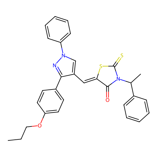 (5Z)-3-(1-PHENYLETHYL)-5-{[1-PHENYL-3-(4-PROPOXYPHENYL)-1H-PYRAZOL-4-YL]METHYLENE}-2-THIOXO-1,3-THIAZOLIDIN-4-ONE structure