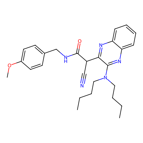 2-cyano-2-(3-(dibutylamino)quinoxalin-2-yl)-N-(4-methoxybenzyl)acetamide structure