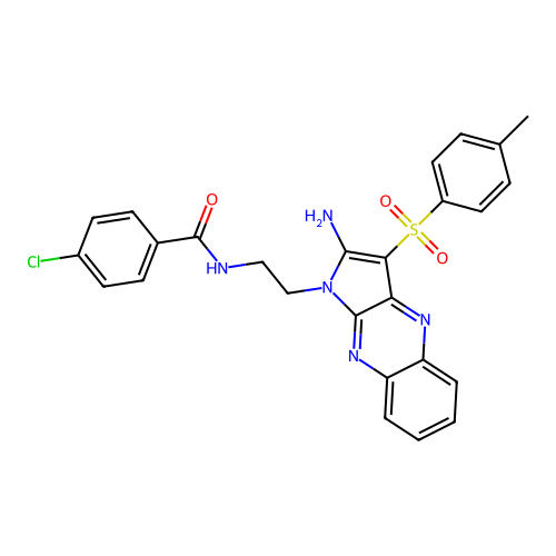 N-(2-(2-amino-3-tosyl-1H-pyrrolo[2,3-b]quinoxalin-1-yl)ethyl)-4-chlorobenzamide structure
