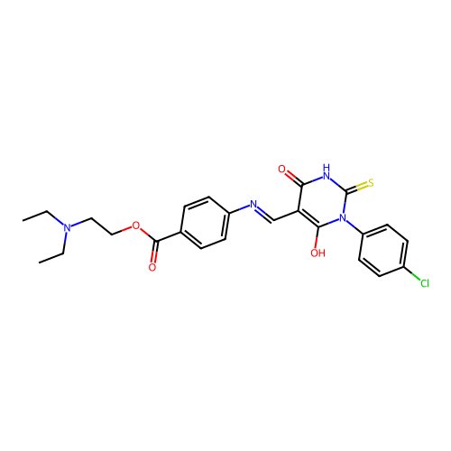 (E)-2-(diethylamino)ethyl 4-(((1-(4-chlorophenyl)-4,6-dioxo-2-thioxotetrahydropyrimidin-5(2H)-ylidene)methyl)amino)benzoate structure