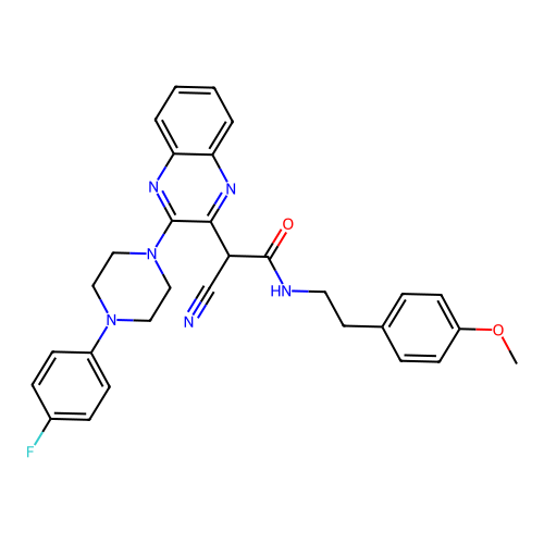2-cyano-2-(3-(4-(4-fluorophenyl)piperazin-1-yl)quinoxalin-2-yl)-N-(4-methoxyphenethyl)acetamide structure