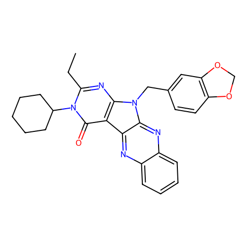 11-(benzo[d][1,3]dioxol-5-ylmethyl)-3-cyclohexyl-2-ethyl-3H-pyrimido[5',4':4,5]pyrrolo[2,3-b]quinoxalin-4(11H)-one structure