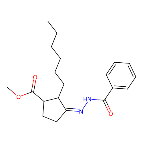 methyl (3Z)-3-(benzoylhydrazinylidene)-2-hexylcyclopentane-1-carboxylate structure