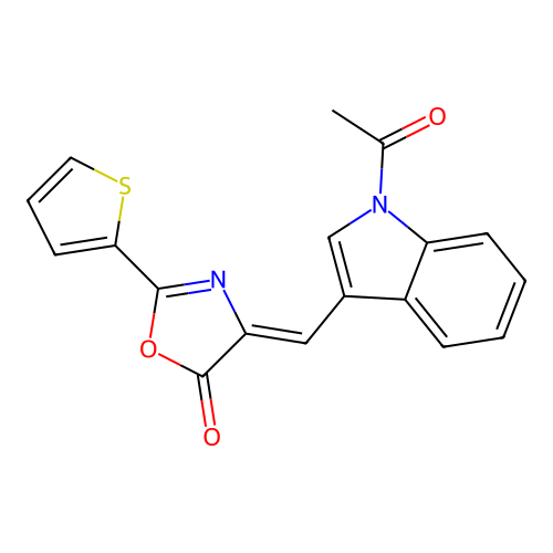 (Z)-4-((1-acetyl-1H-indol-3-yl)methylene)-2-(thiophen-2-yl)oxazol-5(4H)-one structure