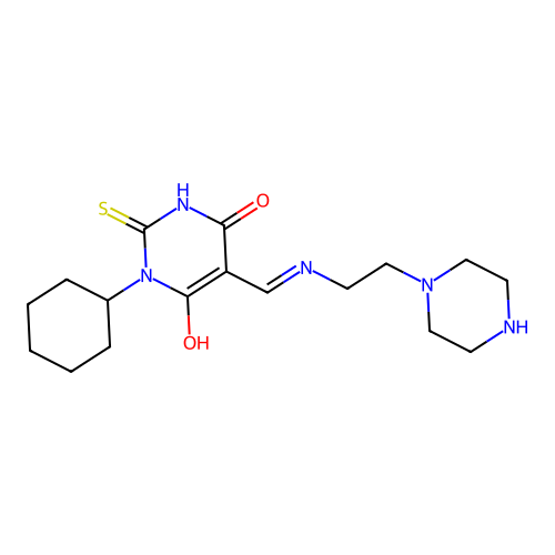 1-cyclohexyl-5-[(2-piperazin-1-ylethylamino)methylidene]-2-sulfanylidene-1,3-diazinane-4,6-dione structure