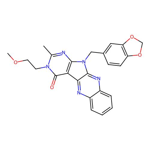 11-(benzo[d][1,3]dioxol-5-ylmethyl)-3-(2-methoxyethyl)-2-methyl-3H-pyrimido[5',4':4,5]pyrrolo[2,3-b]quinoxalin-4(11H)-one structure