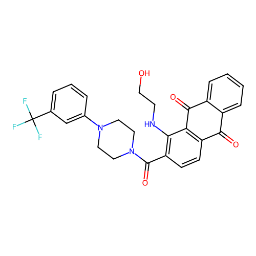 1-((2-hydroxyethyl)amino)-2-(4-(3-(trifluoromethyl)phenyl)piperazine-1-carbonyl)anthracene-9,10-dione structure