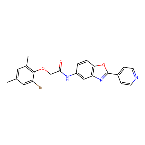 2-(2-bromo-4,6-dimethylphenoxy)-N-[2-(pyridin-4-yl)-1,3-benzoxazol-5-yl]acetamide structure