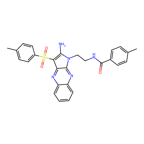 N-(2-(2-amino-3-tosyl-1H-pyrrolo[2,3-b]quinoxalin-1-yl)ethyl)-4-methylbenzamide structure
