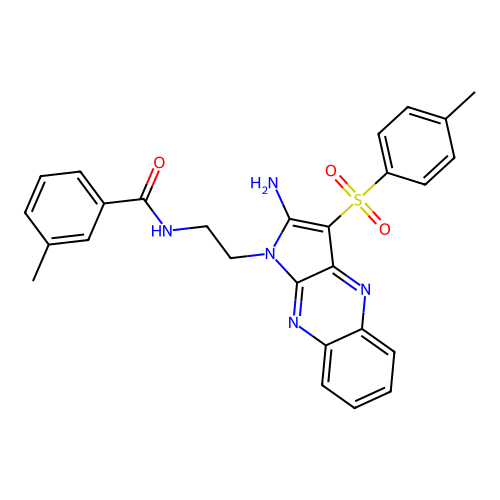 N-(2-(2-amino-3-tosyl-1H-pyrrolo[2,3-b]quinoxalin-1-yl)ethyl)-3-methylbenzamide structure