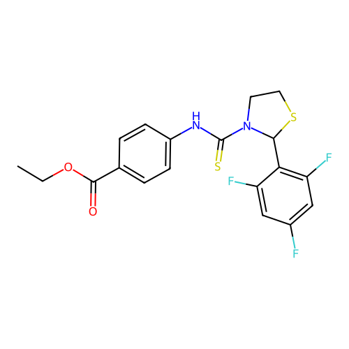 ethyl 4-({[2-(2,4,6-trifluorophenyl)-1,3-thiazolidin-3-yl]carbonothioyl}amino)benzoate structure