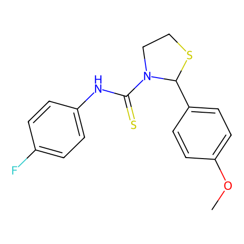 N-(4-fluorophenyl)-2-(4-methoxyphenyl)-1,3-thiazolidine-3-carbothioamide structure