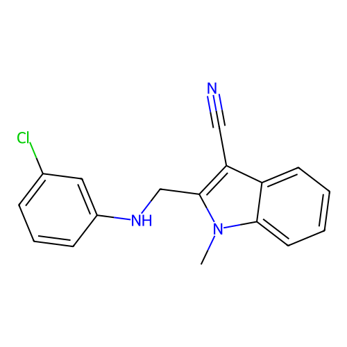 2-(((3-chlorophenyl)amino)methyl)-1-methyl-1H-indole-3-carbonitrile structure