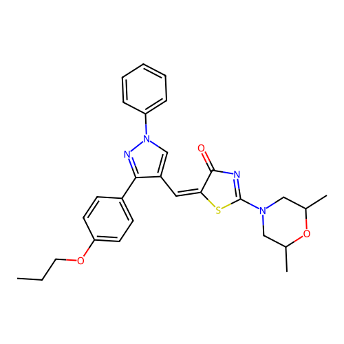 (5E)-2-(2,6-dimethylmorpholin-4-yl)-5-[[1-phenyl-3-(4-propoxyphenyl)pyrazol-4-yl]methylidene]-1,3-thiazol-4-one structure