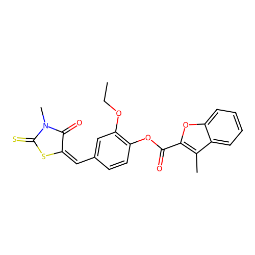 (E)-2-ethoxy-4-((3-methyl-4-oxo-2-thioxothiazolidin-5-ylidene)methyl)phenyl 3-methylbenzofuran-2-carboxylate structure