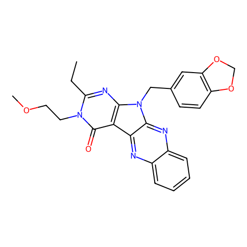 11-(benzo[d][1,3]dioxol-5-ylmethyl)-2-ethyl-3-(2-methoxyethyl)-3H-pyrimido[5',4':4,5]pyrrolo[2,3-b]quinoxalin-4(11H)-one structure