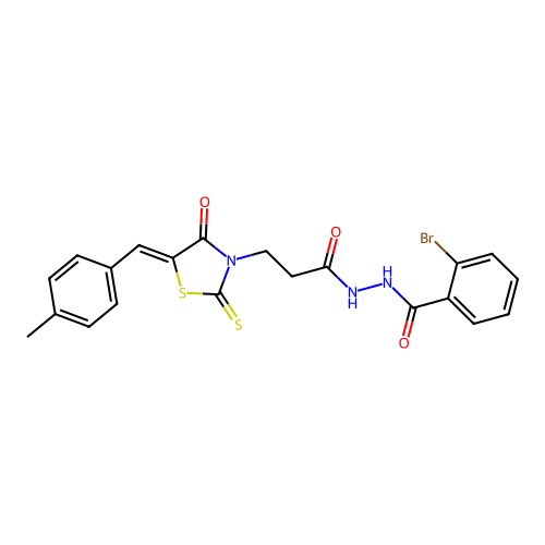 (Z)-2-bromo-N'-(3-(5-(4-methylbenzylidene)-4-oxo-2-thioxothiazolidin-3-yl)propanoyl)benzohydrazide structure